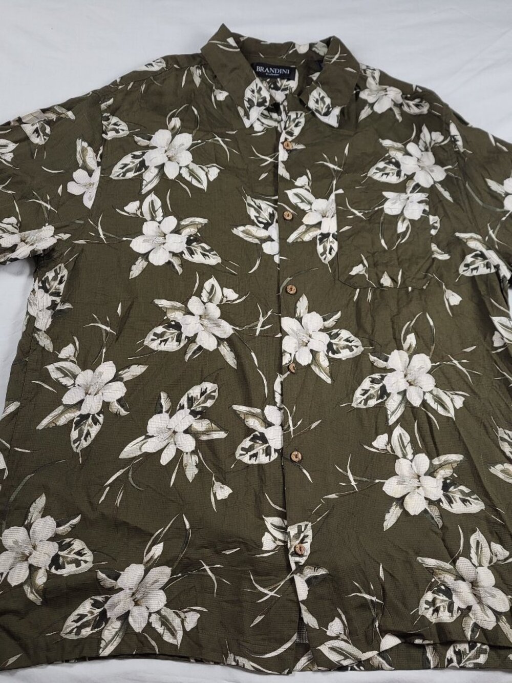 Brandini Shirt Men's XL Green Floral Silk Short Sleeve Button Up Hawaiian Beach